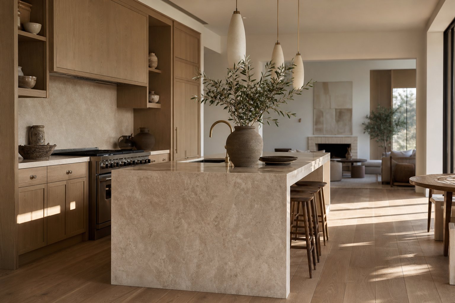 Sunlit custom white oak kitchen and travertine island crafted by Home Prime Place