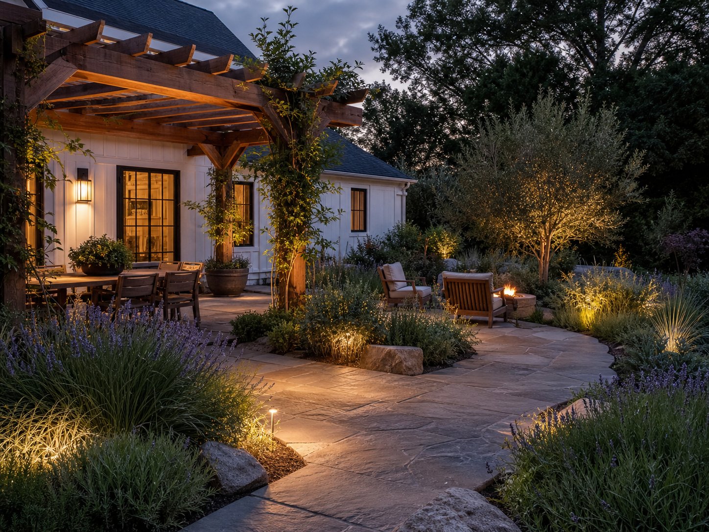 Renovated limestone terrace with cedar pergola and landscaped garden pathways
