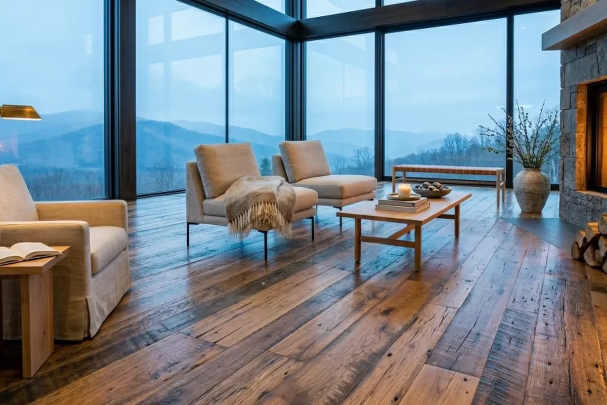 Wide-plank natural oak hardwood flooring installed across an airy sunlit living room